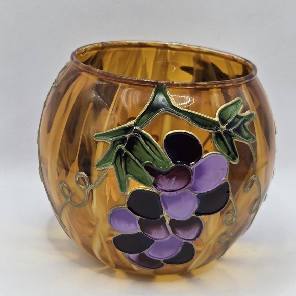 Hand Painted Yellow Orange Gold Vase GRAPES Raised 3.5 In Votive CandleHolder - Picture 3 of 16